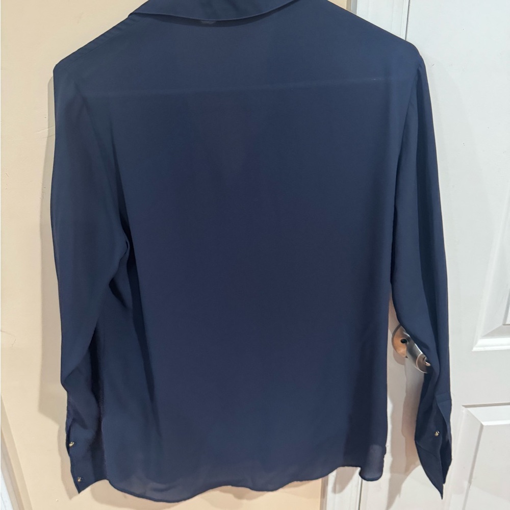 Express Women's Navy Blouse with Gold Zipper Details - Picture 9 of 13